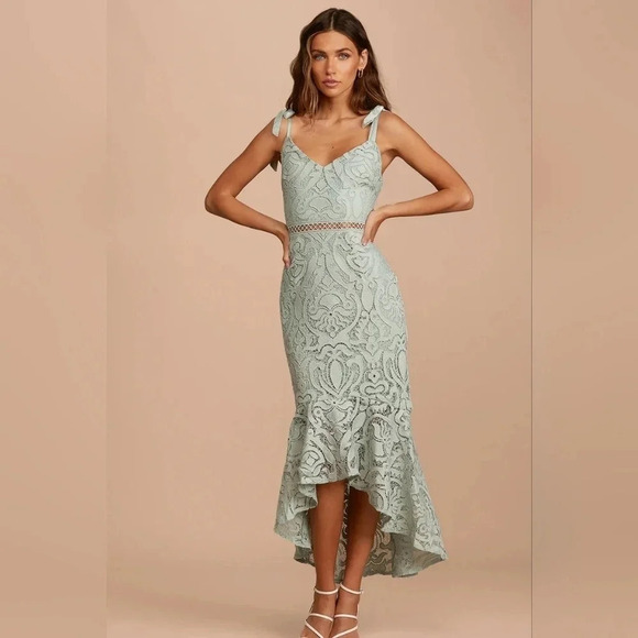 Lulus Won Your Heart Sage Green Lace Tie-Strap High-Low Midi Dress Party - Picture 2 of 12